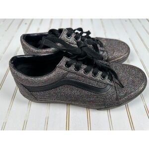 Vans Old Skool Glitter Shoes Womens 7 Black Rainbow Sparkle Lace Up Skate